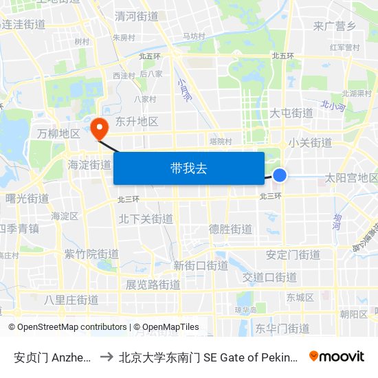安贞门 Anzhen Men to 北京大学东南门 SE Gate of Peking University map