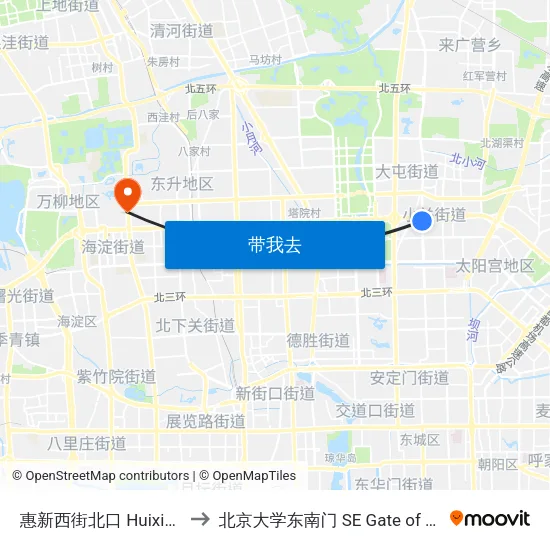 惠新西街北口 Huixin Xijie Beikou to 北京大学东南门 SE Gate of Peking University map