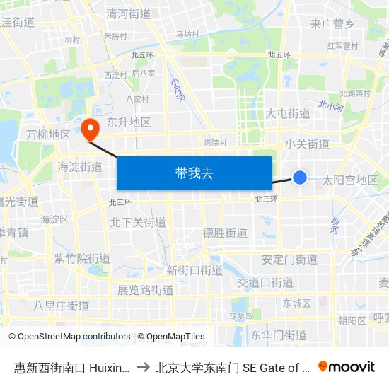 惠新西街南口 Huixin Xijie Nankou to 北京大学东南门 SE Gate of Peking University map