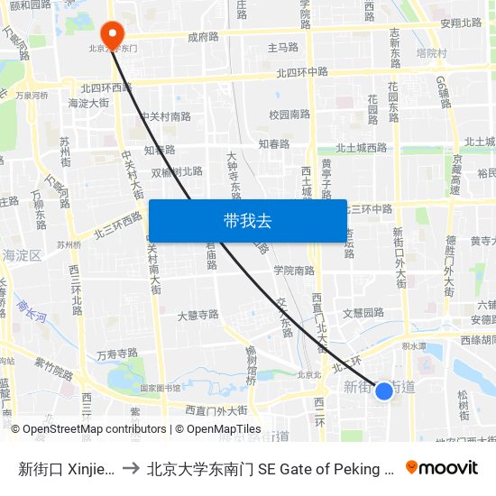 新街口 Xinjie Kou to 北京大学东南门 SE Gate of Peking University map