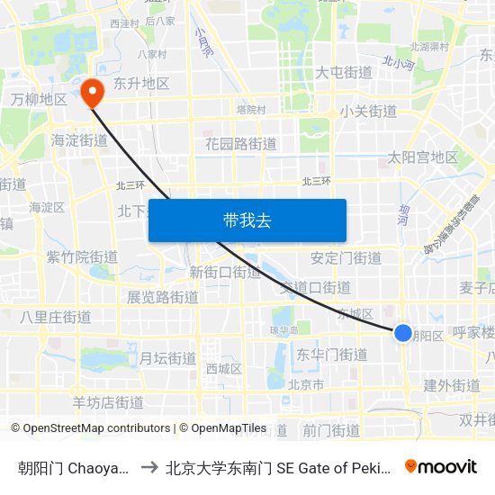 朝阳门 Chaoyang Men to 北京大学东南门 SE Gate of Peking University map