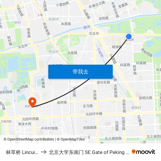 林萃桥 Lincui Qiao to 北京大学东南门 SE Gate of Peking University map