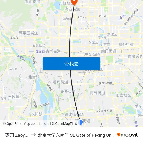 枣园 Zaoyuan to 北京大学东南门 SE Gate of Peking University map