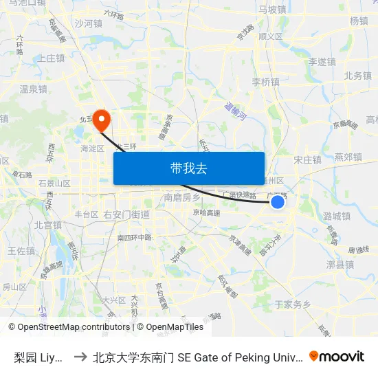 梨园 Liyuan to 北京大学东南门 SE Gate of Peking University map