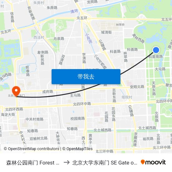 森林公园南门 Forest Park South Gate to 北京大学东南门 SE Gate of Peking University map