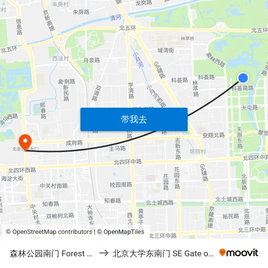 森林公园南门 Forest Park South Gate to 北京大学东南门 SE Gate of Peking University map