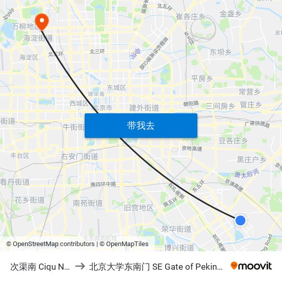 次渠南 Ciqu Nan (S) to 北京大学东南门 SE Gate of Peking University map