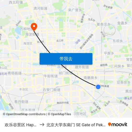 欢乐谷景区 Happy Valley to 北京大学东南门 SE Gate of Peking University map