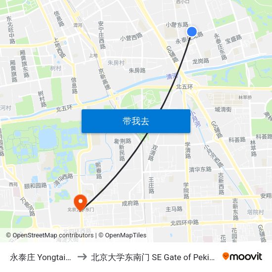 永泰庄 Yongtaizhuang to 北京大学东南门 SE Gate of Peking University map