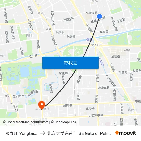 永泰庄 Yongtaizhuang to 北京大学东南门 SE Gate of Peking University map