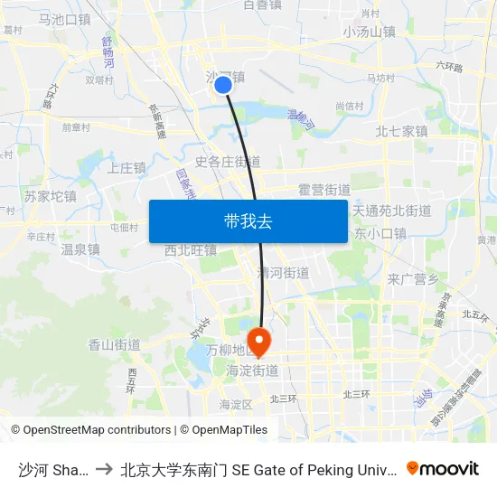 沙河 Shahe to 北京大学东南门 SE Gate of Peking University map