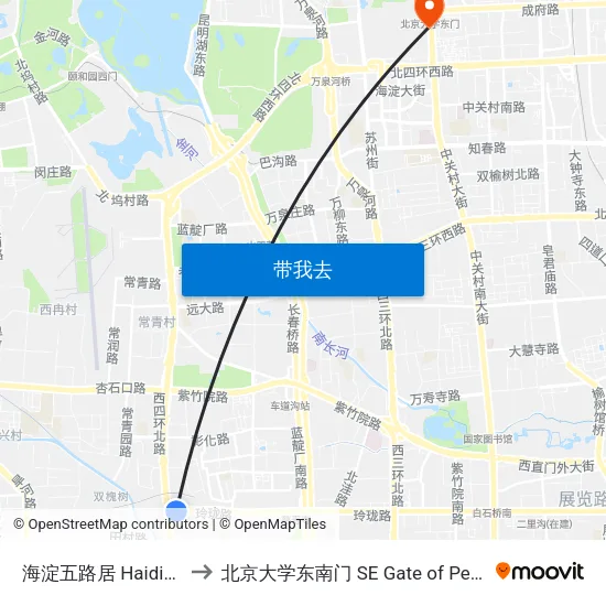海淀五路居 Haidian Wuluju to 北京大学东南门 SE Gate of Peking University map