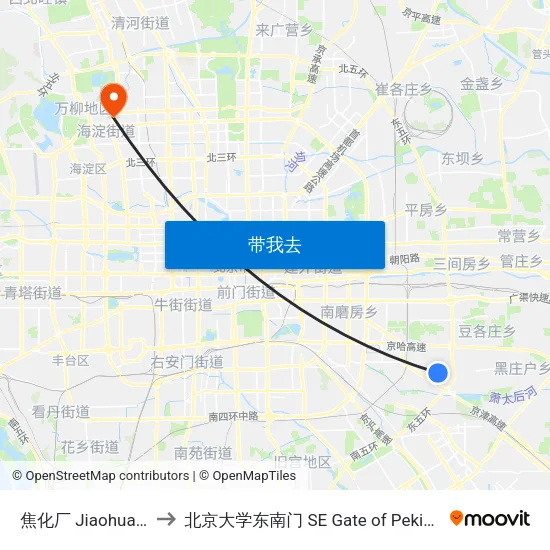 焦化厂 Jiaohua Chang to 北京大学东南门 SE Gate of Peking University map