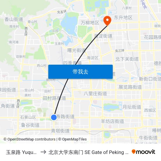 玉泉路 Yuquan Lu to 北京大学东南门 SE Gate of Peking University map