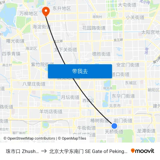 珠市口 Zhushi Kou to 北京大学东南门 SE Gate of Peking University map