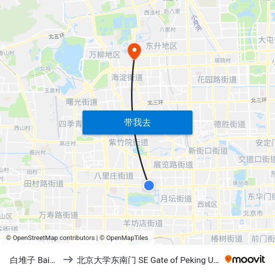 白堆子 Baiduizi to 北京大学东南门 SE Gate of Peking University map