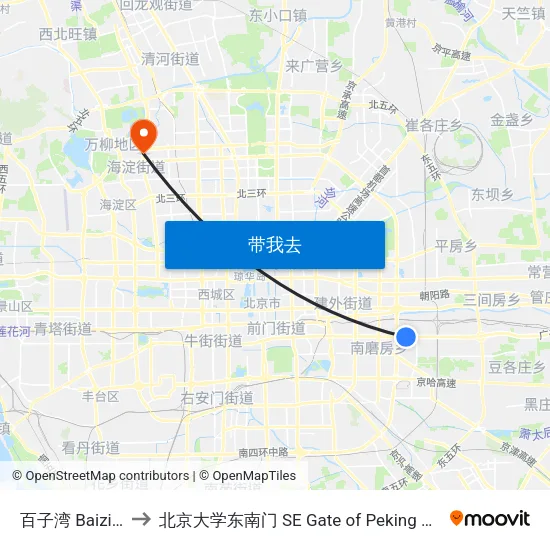 百子湾 Baiziwan to 北京大学东南门 SE Gate of Peking University map