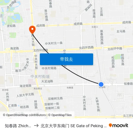 知春路 Zhichun Lu to 北京大学东南门 SE Gate of Peking University map