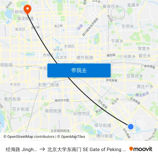 经海路 Jinghai Lu to 北京大学东南门 SE Gate of Peking University map
