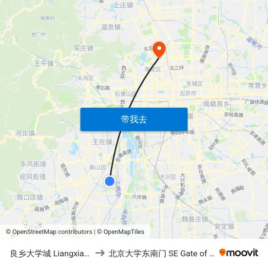 良乡大学城 Liangxiang Univ. Town to 北京大学东南门 SE Gate of Peking University map