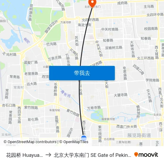 花园桥 Huayuan Qiao to 北京大学东南门 SE Gate of Peking University map