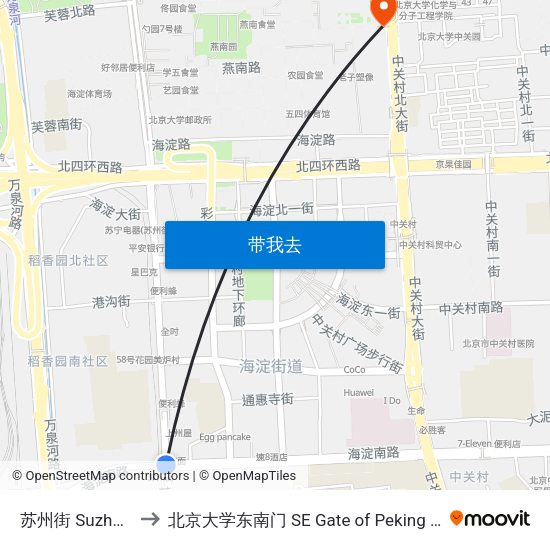 苏州街 Suzhou Jie to 北京大学东南门 SE Gate of Peking University map