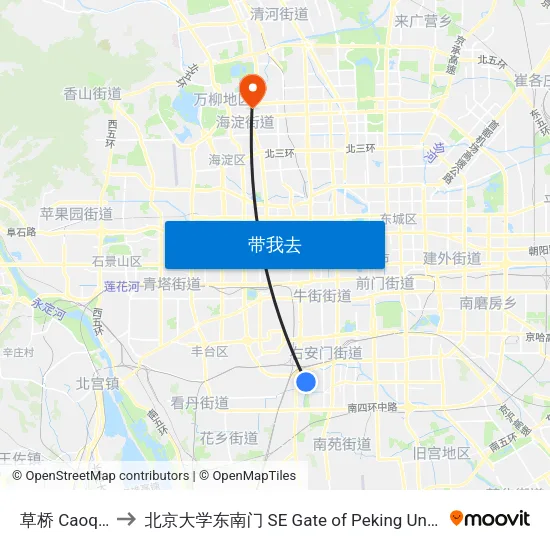 草桥 Caoqiao to 北京大学东南门 SE Gate of Peking University map