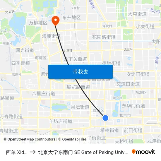 西单 Xidan to 北京大学东南门 SE Gate of Peking University map