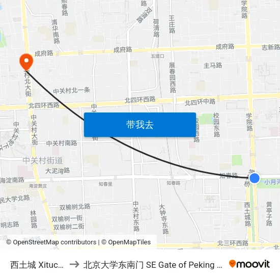 西土城 Xitucheng to 北京大学东南门 SE Gate of Peking University map