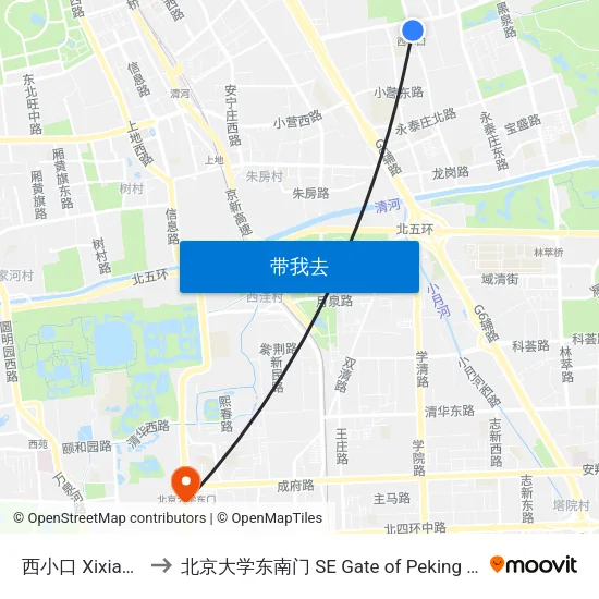 西小口 Xixiao Kou to 北京大学东南门 SE Gate of Peking University map