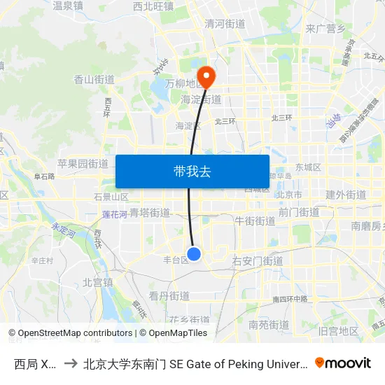 西局 Xiju to 北京大学东南门 SE Gate of Peking University map