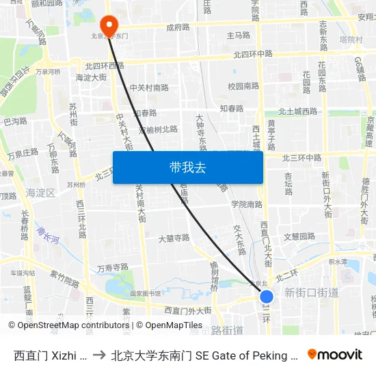 西直门 Xizhi Men to 北京大学东南门 SE Gate of Peking University map