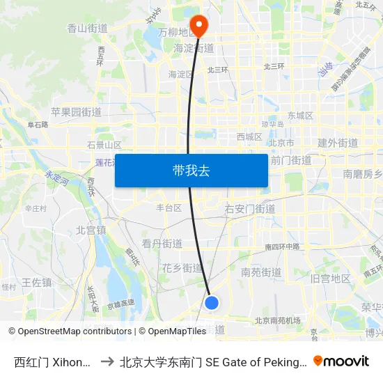 西红门 Xihong Men to 北京大学东南门 SE Gate of Peking University map