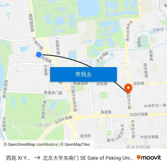 西苑 XI Yuan to 北京大学东南门 SE Gate of Peking University map