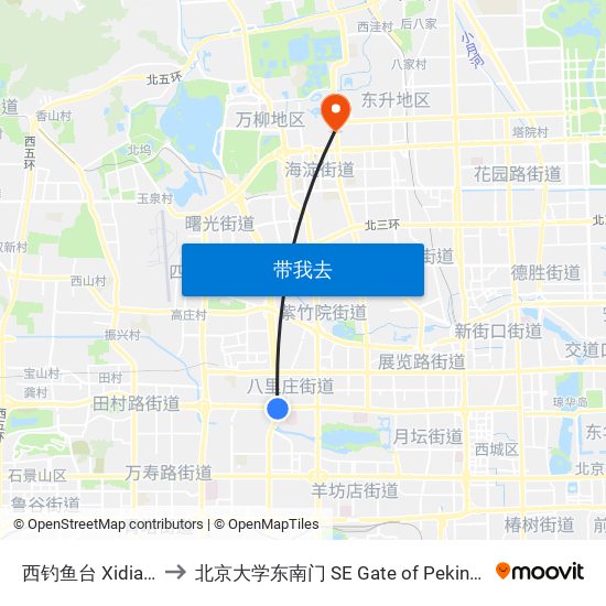 西钓鱼台 Xidiaoyutai to 北京大学东南门 SE Gate of Peking University map