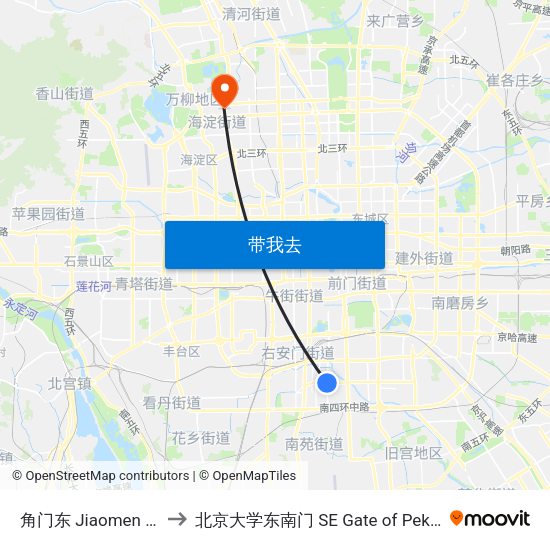 角门东 Jiaomen Dong (E) to 北京大学东南门 SE Gate of Peking University map