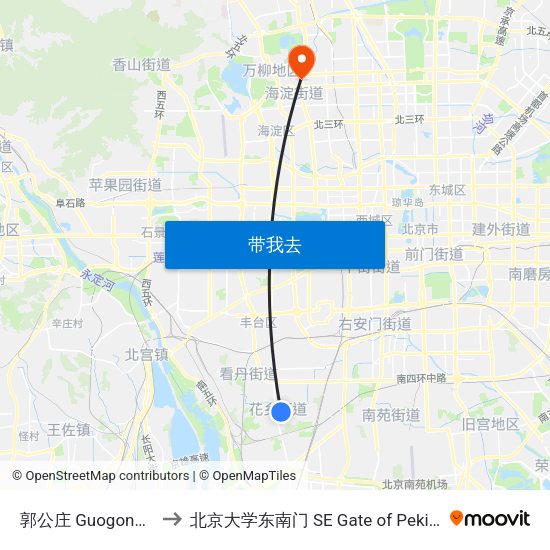 郭公庄 Guogongzhuang to 北京大学东南门 SE Gate of Peking University map