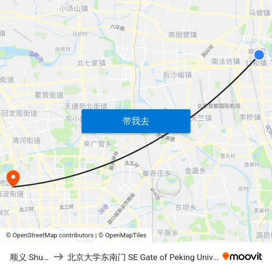 顺义 Shunyi to 北京大学东南门 SE Gate of Peking University map