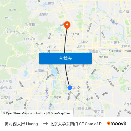 黄村西大街 Huangcun Xidajie to 北京大学东南门 SE Gate of Peking University map