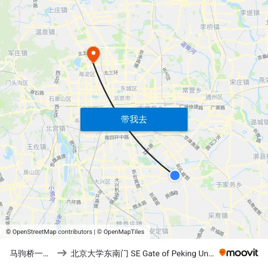 马驹桥一号桥 to 北京大学东南门 SE Gate of Peking University map