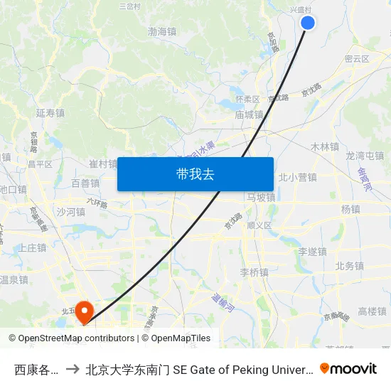 西康各庄 to 北京大学东南门 SE Gate of Peking University map