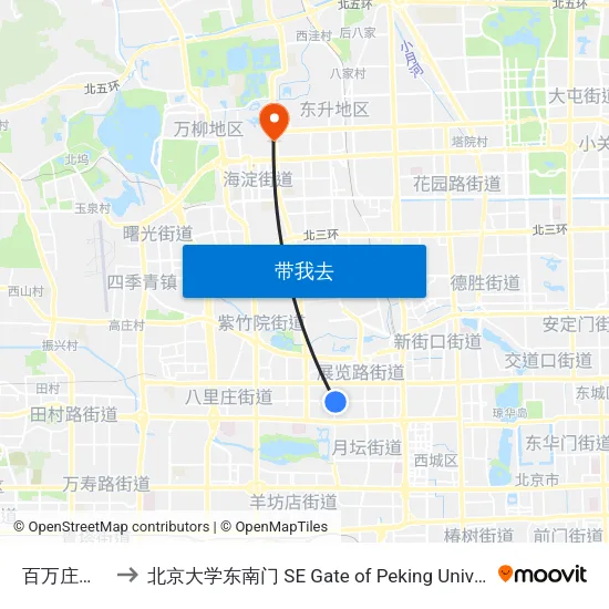 百万庄西口 to 北京大学东南门 SE Gate of Peking University map