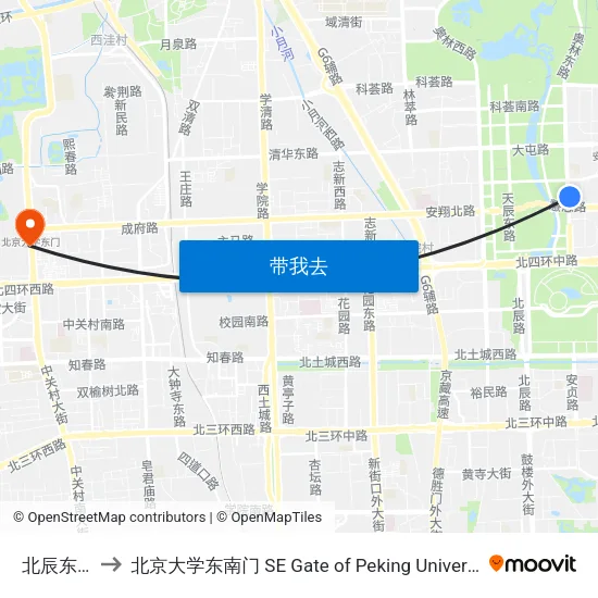 北辰东路 to 北京大学东南门 SE Gate of Peking University map