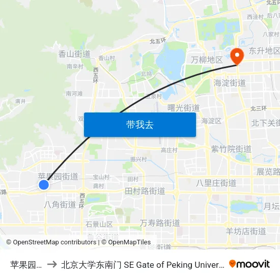 苹果园北 to 北京大学东南门 SE Gate of Peking University map