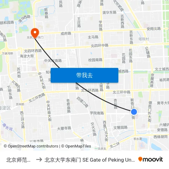 北京师范大学 to 北京大学东南门 SE Gate of Peking University map