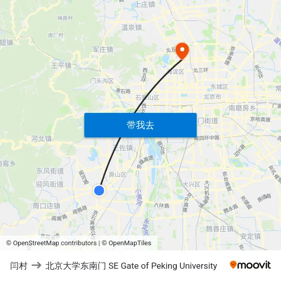 闫村 to 北京大学东南门 SE Gate of Peking University map