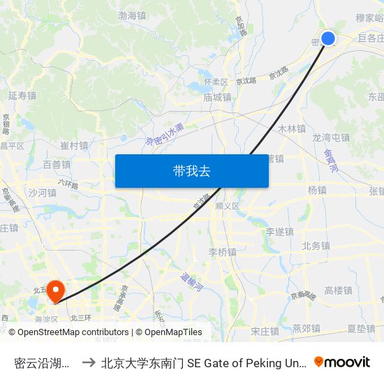 密云沿湖小区 to 北京大学东南门 SE Gate of Peking University map