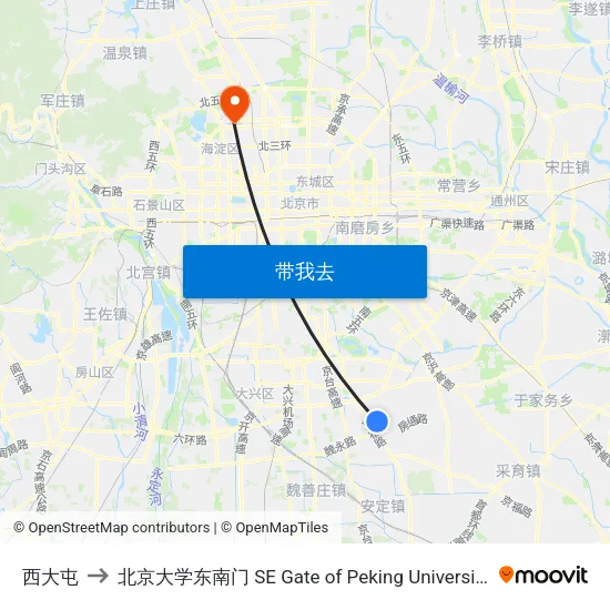 西大屯 to 北京大学东南门 SE Gate of Peking University map