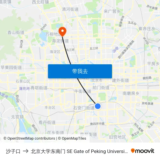 沙子口 to 北京大学东南门 SE Gate of Peking University map