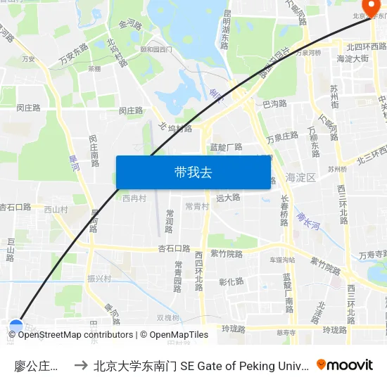 廖公庄东站 to 北京大学东南门 SE Gate of Peking University map